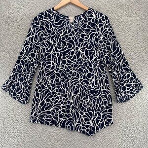 Chicos Top Women 0 US Small Navy Pattern Travelers Knit Stretch Long Bell Sleeve